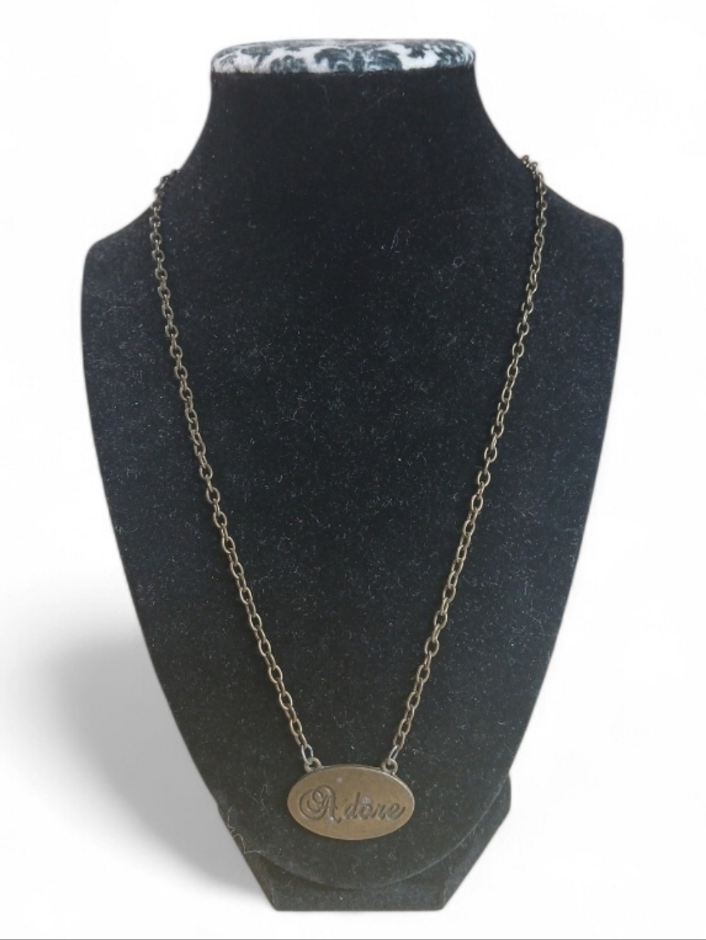 N4182 Vintage Adore Engraved Oval Pendant Necklace in Antique Brass